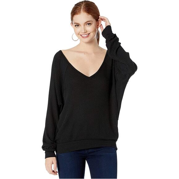 Free People Santa Clara Oversized Thermal V-Neck Long Sleeve Top in Black Size M - Picture 7 of 11